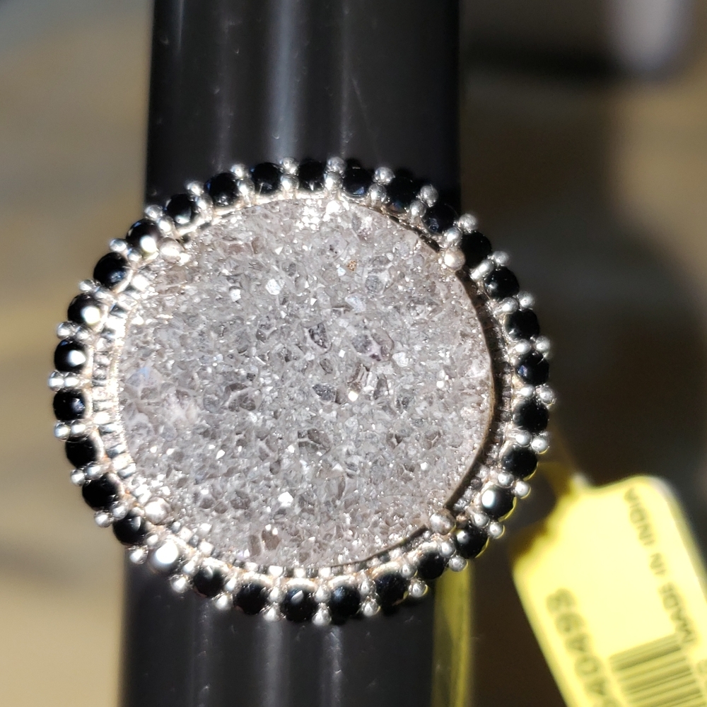 Sz 10, Platinum Drusy Quartz, Black Spinel, 925 Silver, TGW 10.65 Carats, NWT